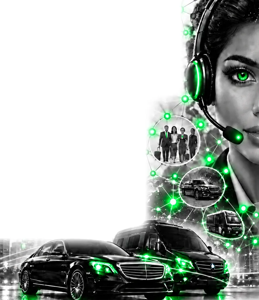 AI voice concierge with a headset, chauffeurs, a sedan, a coach and a luxury sprinter van